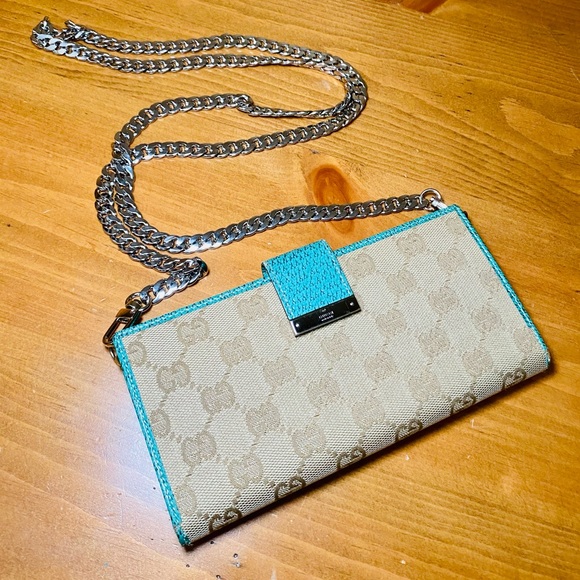 GUCCI Beige Monogram & Turquoise Leather Long Wallet w/ Chain - Picture 1 of 17